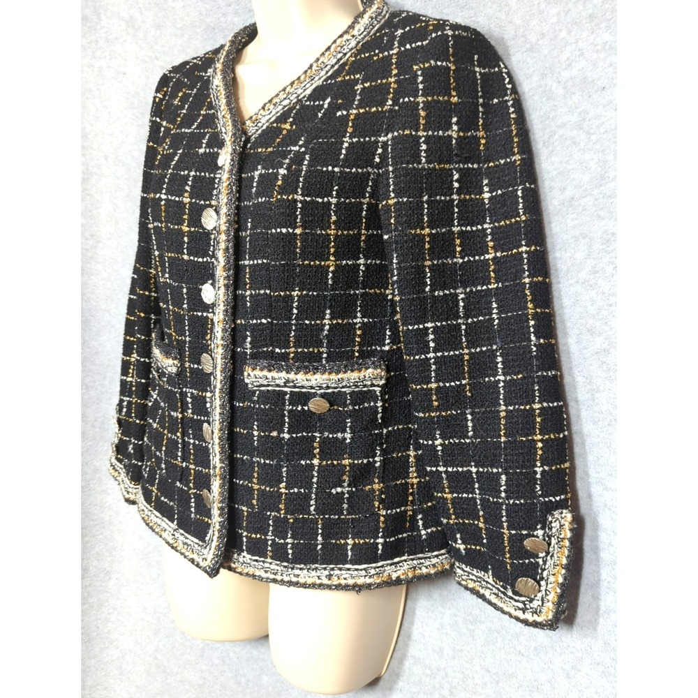 MEICAI Blazer Jacket 6 Tweed Boucle Black Metallic Gold Silver Buttons Polished